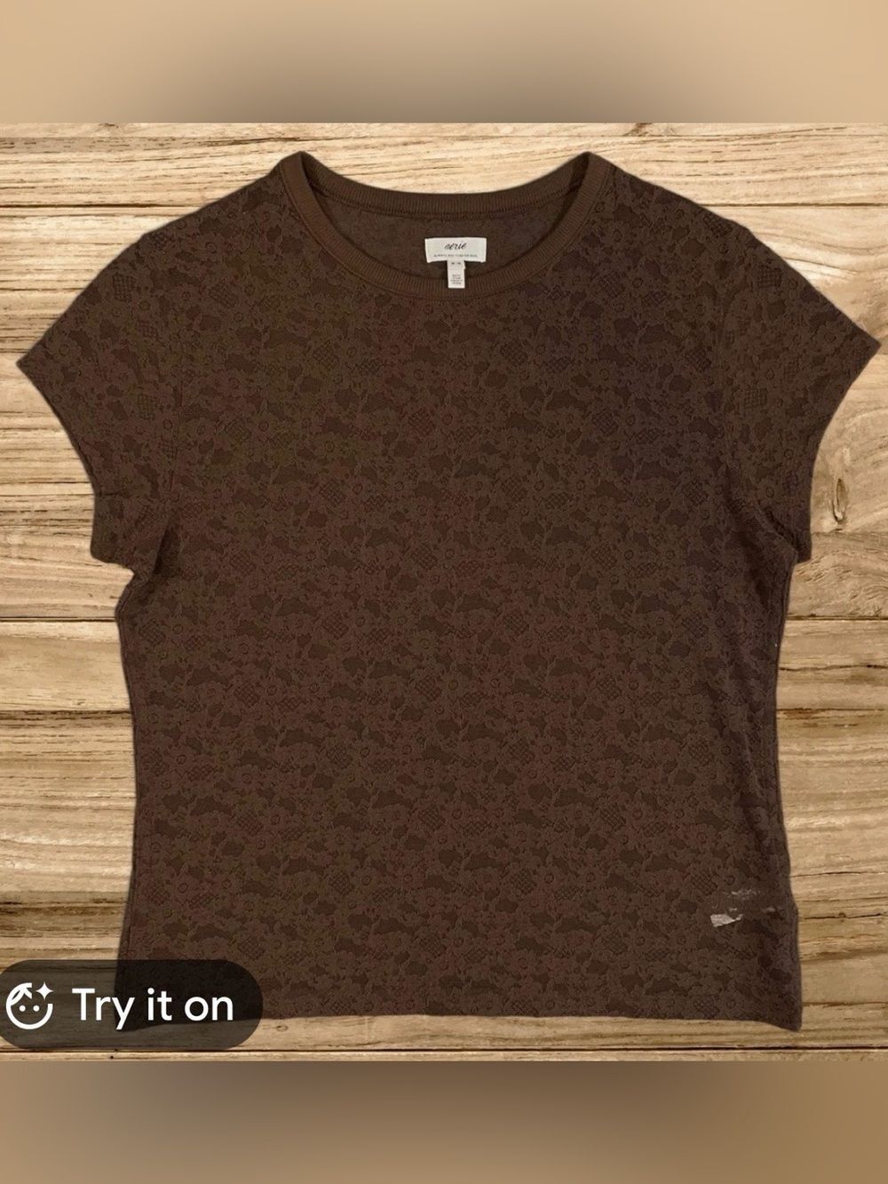 aerie XL Brown Vintage Lace Crew Short Sleeve Top